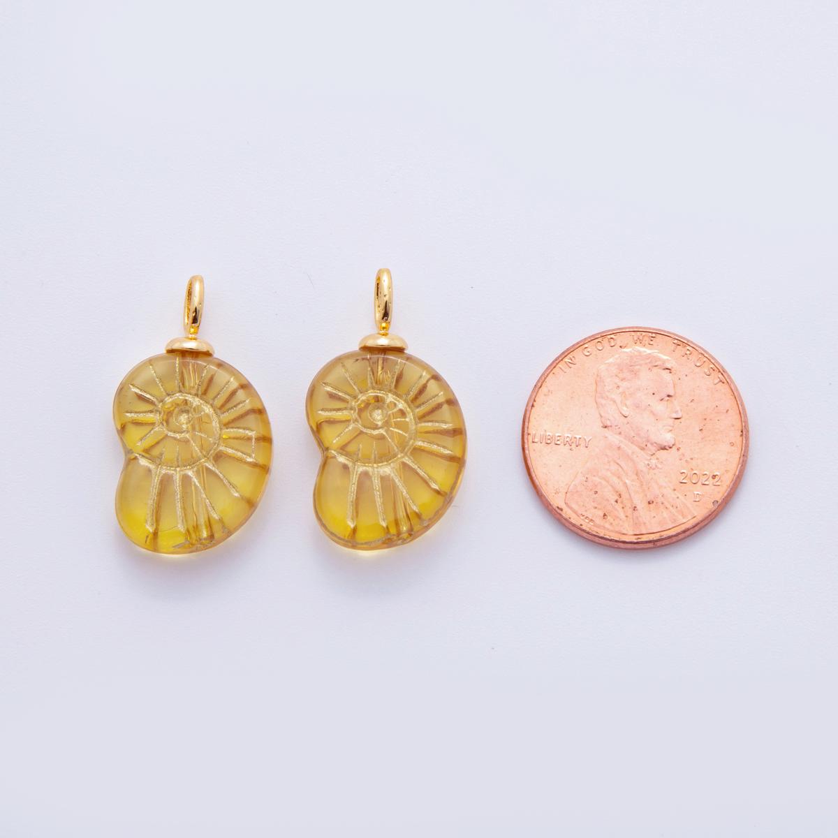 Dainty Green Yellow Glass Ammonite Charms Spiral Shell Pendant Charm Gold Edge Boho Earring Supplies, Beach Nautical Jewelry Making AF-289