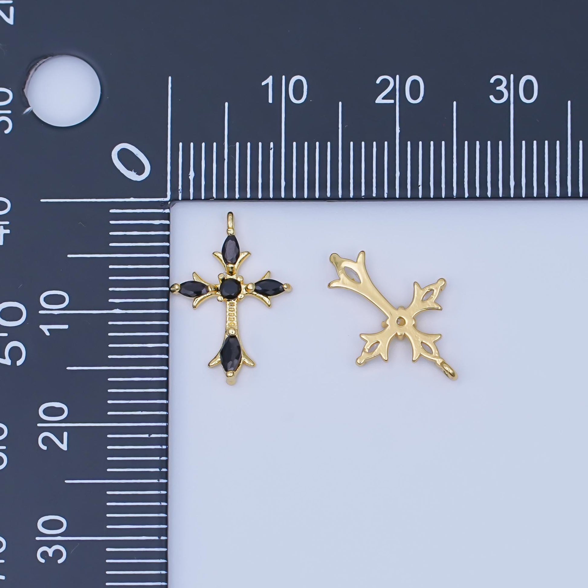 24K Gold Filled Clear, Black CZ Religious Passion Cross Charm | AF449