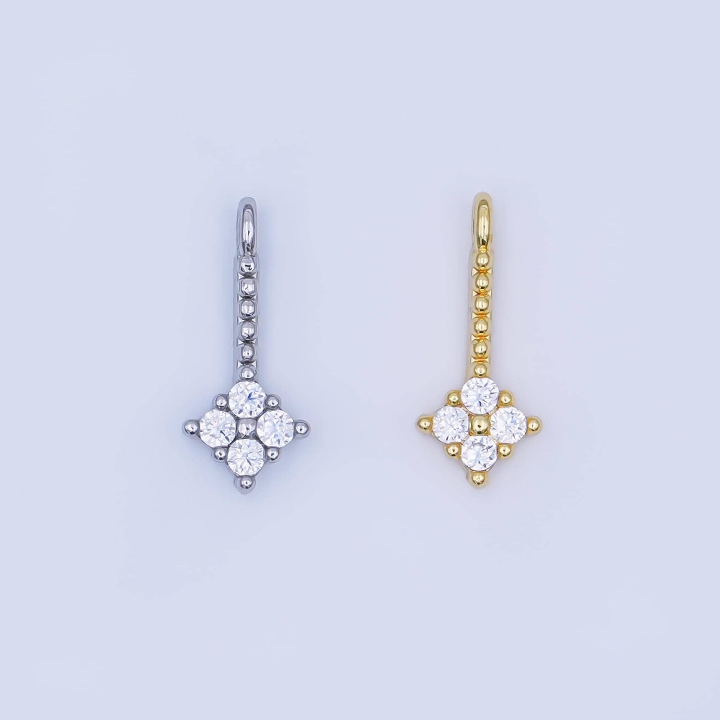 24K Gold Filled Clear CZ Quatrefoil Dotted Linear Charm in Gold & Silver | AF448