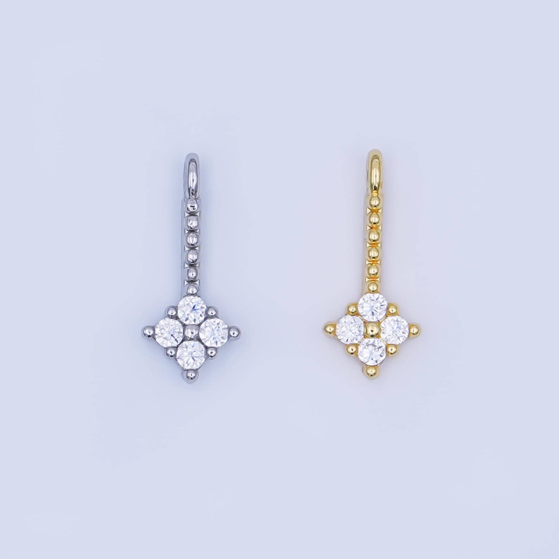 24K Gold Filled Clear CZ Quatrefoil Dotted Linear Charm in Gold & Silver | AF448