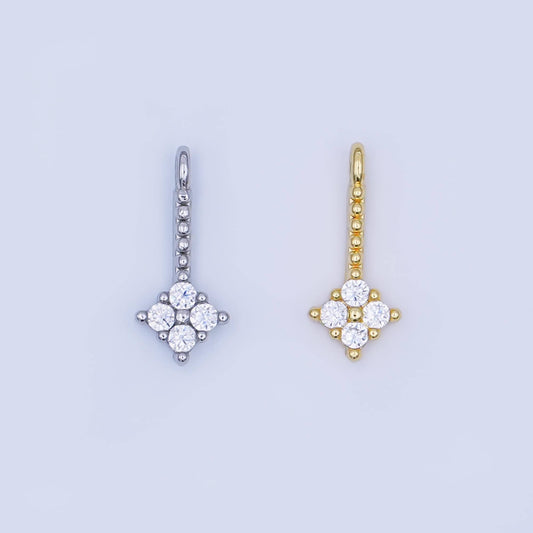 24K Gold Filled Clear CZ Quatrefoil Dotted Linear Charm in Gold & Silver | AF448