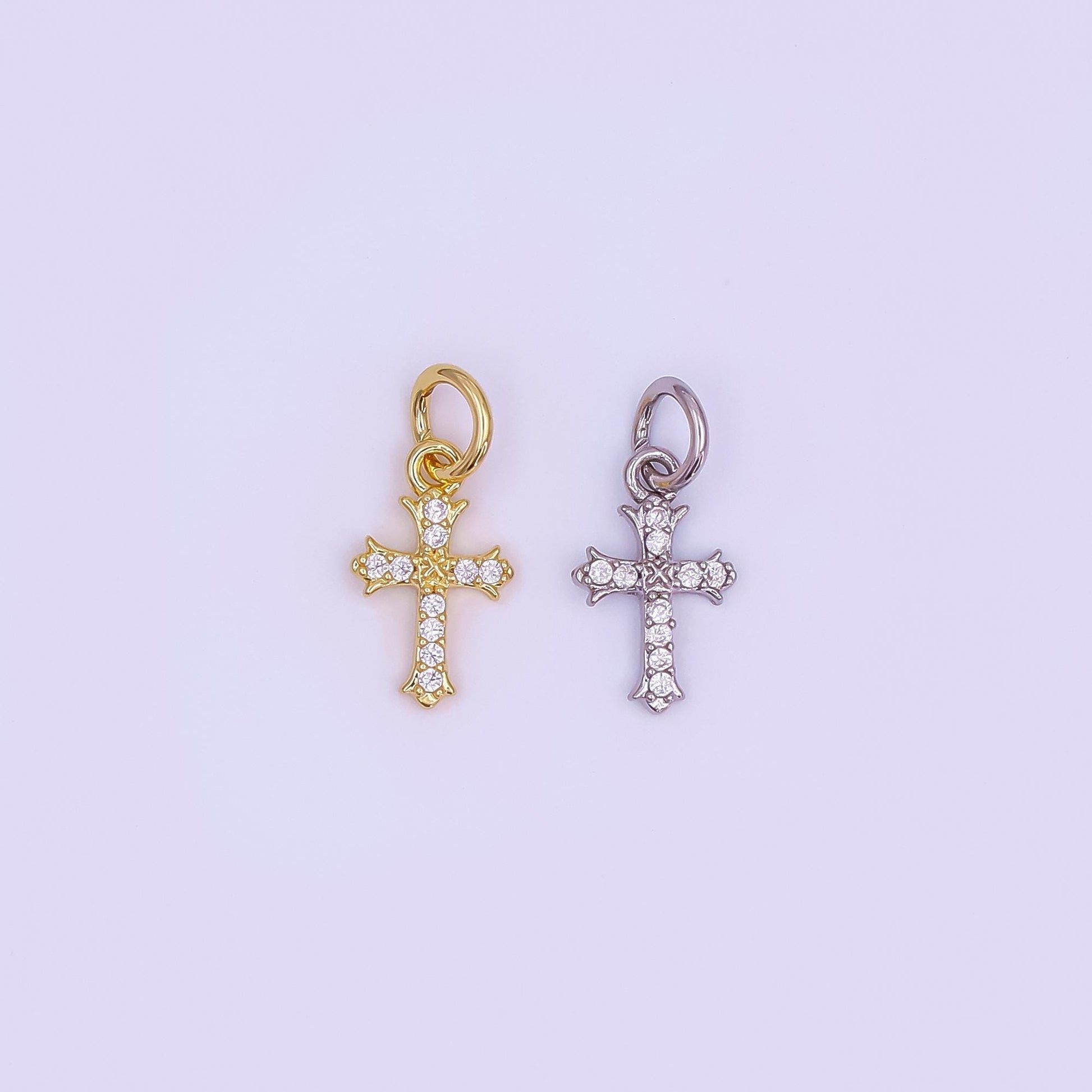 24K Gold Filled Clear CZ Micro Paved Passion Cross Mini Charm in Gold & Silver | AF431