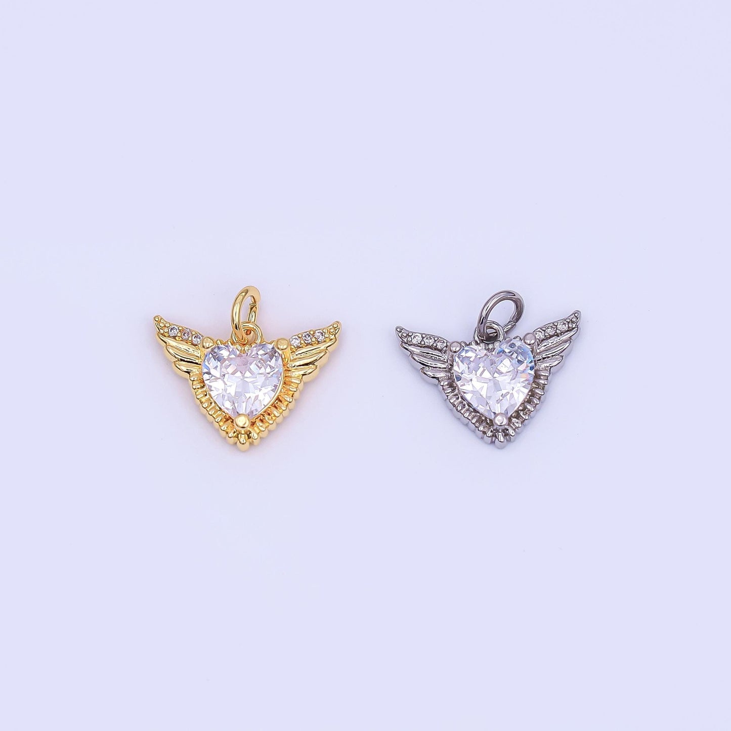 24K Gold Filled Clear CZ Heart Wings Charm in Gold & Silver | AF435