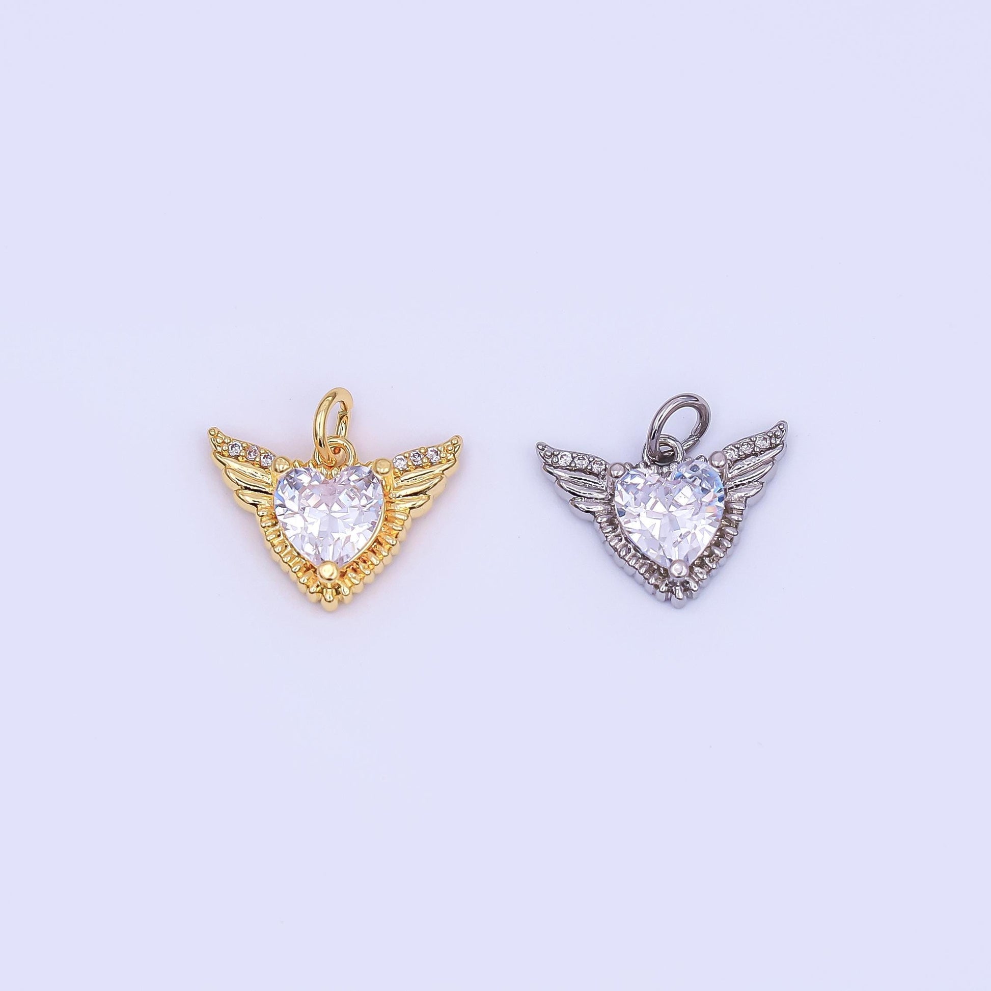 24K Gold Filled Clear CZ Heart Wings Charm in Gold & Silver | AF435
