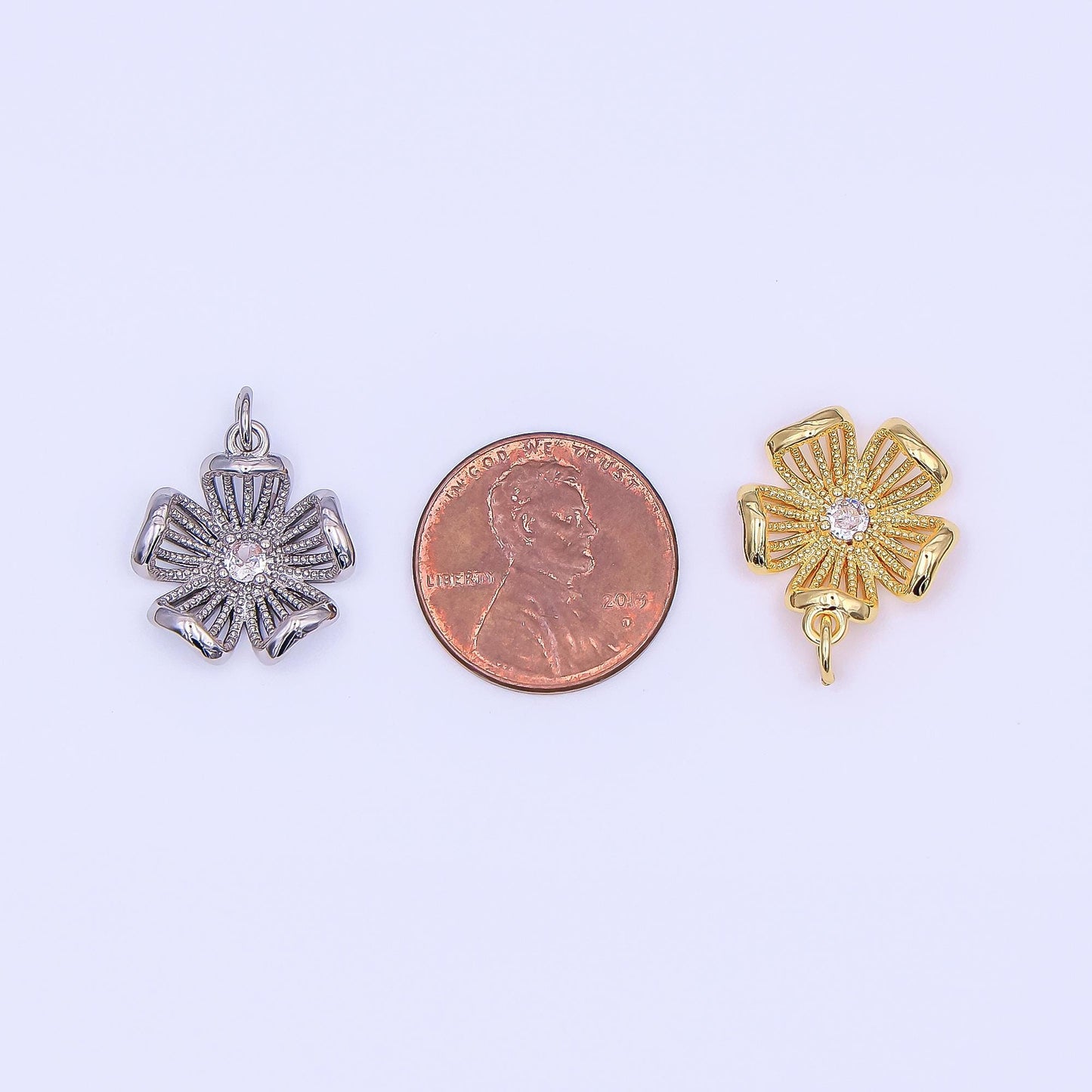24K Gold Filled Clear CZ Dotted Flower Charm in Gold & Silver | AF434