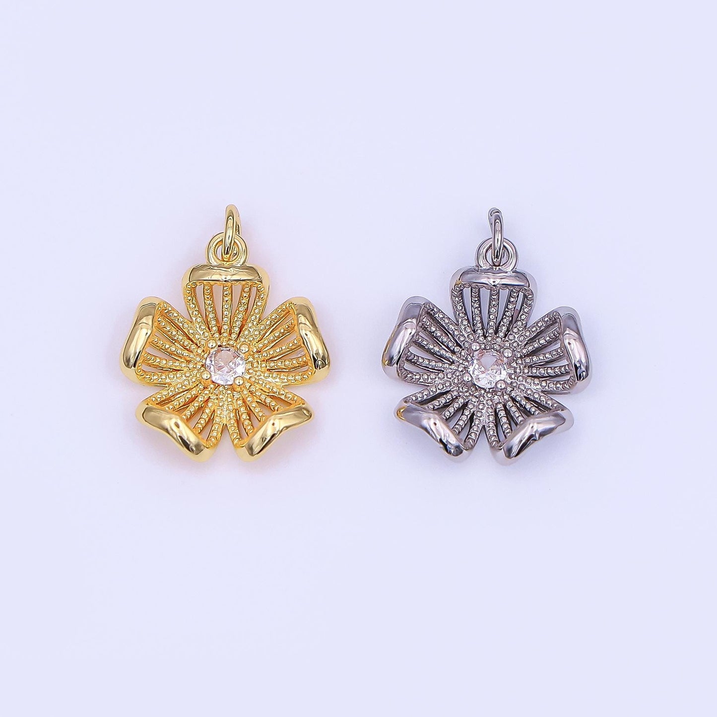24K Gold Filled Clear CZ Dotted Flower Charm in Gold & Silver | AF434