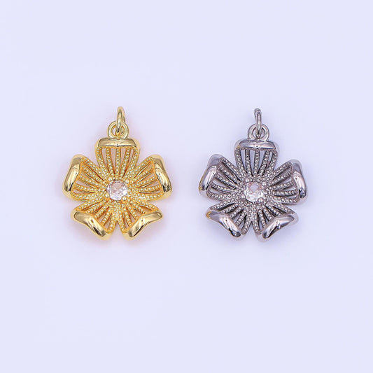 24K Gold Filled Clear CZ Dotted Flower Charm in Gold & Silver | AF434