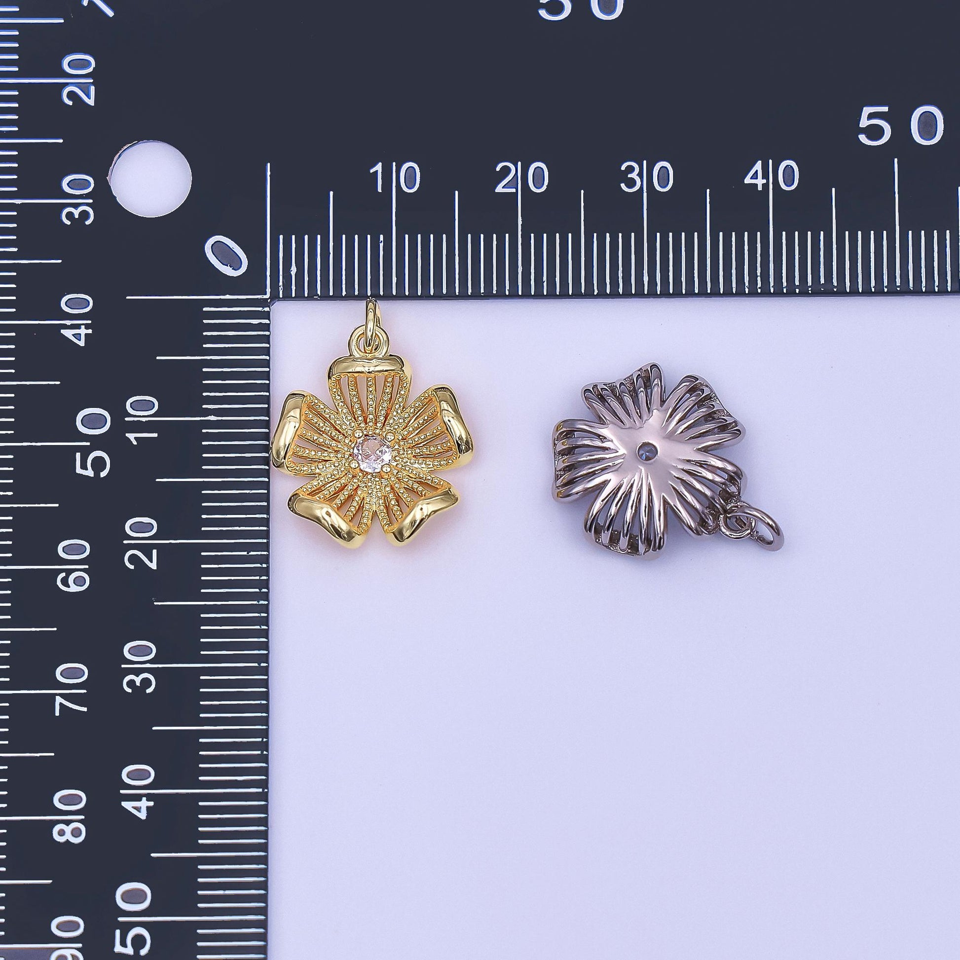 24K Gold Filled Clear CZ Dotted Flower Charm in Gold & Silver | AF434