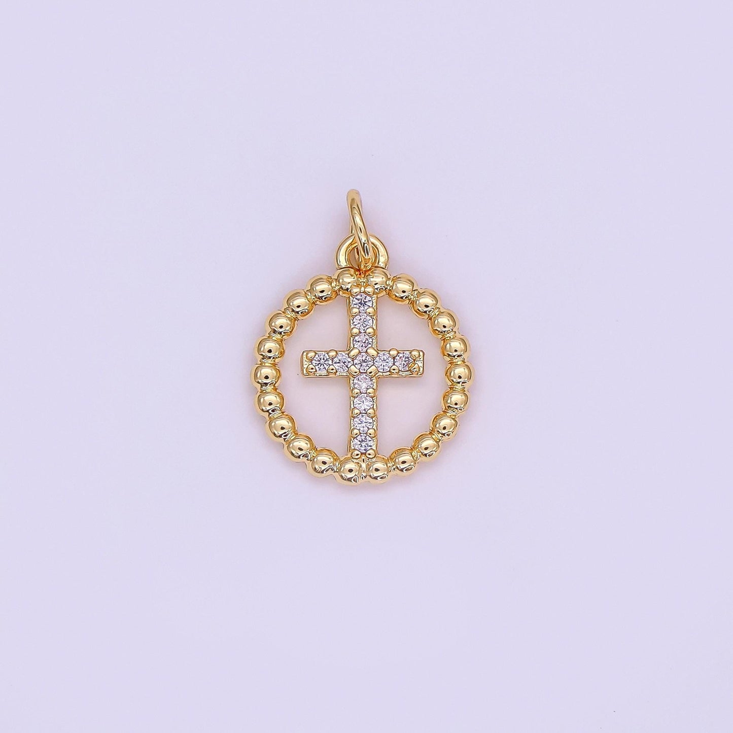24K Gold Filled Religious Cross Micro Paved CZ Open Dotted Round Charm in Gold & Silver | AF433