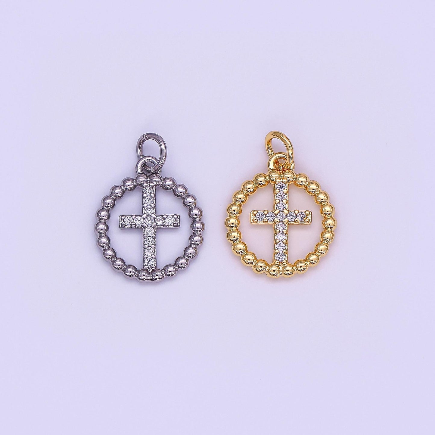24K Gold Filled Religious Cross Micro Paved CZ Open Dotted Round Charm in Gold & Silver | AF433