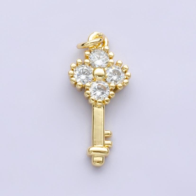 14K Gold Filled CZ Clover Key Mini Charm | E-748