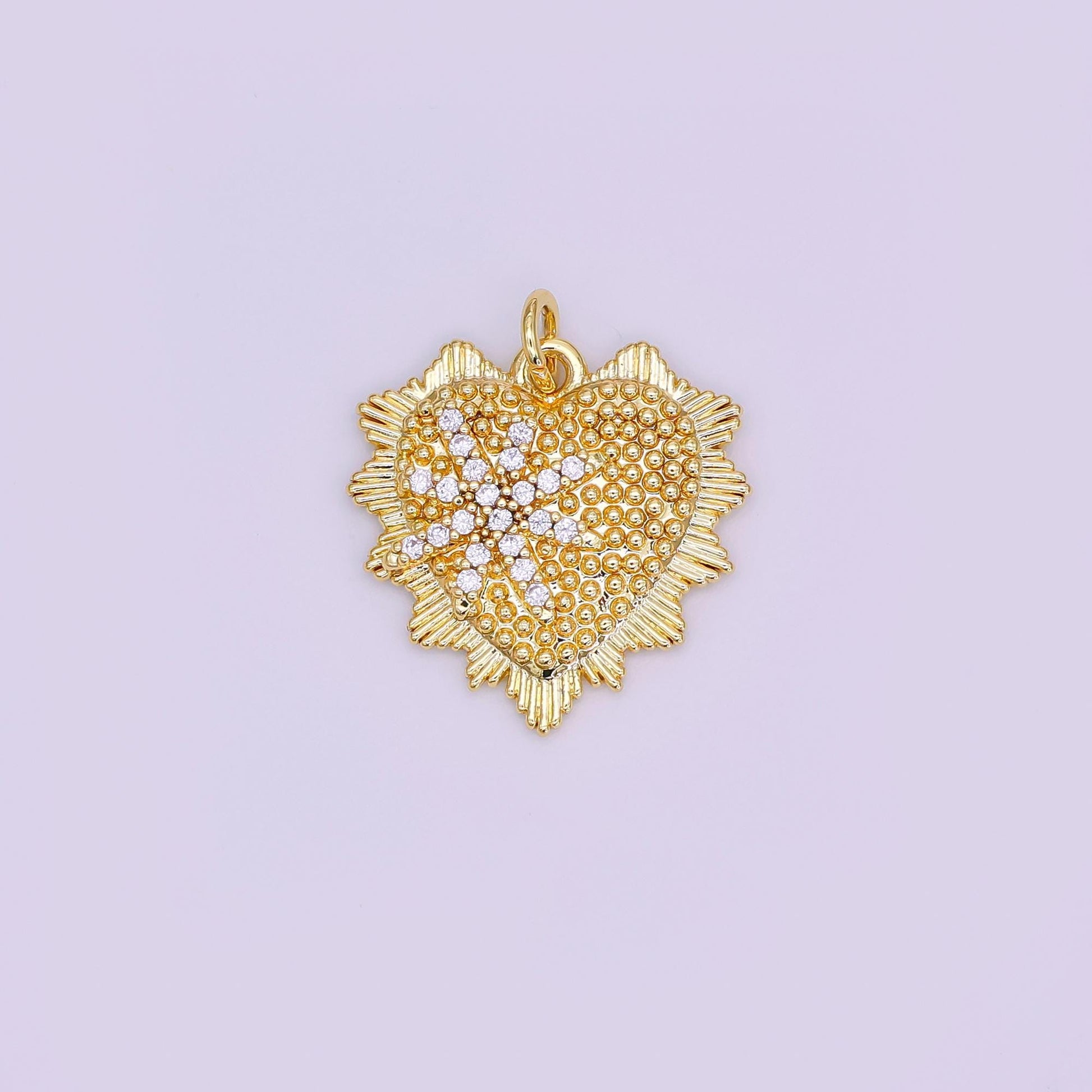 24K Gold Filled 20mm Star Micro Paved CZ Dotted Sunburst Heart Charm | AF459