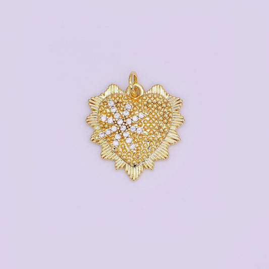 24K Gold Filled 20mm Star Micro Paved CZ Dotted Sunburst Heart Charm | AF459