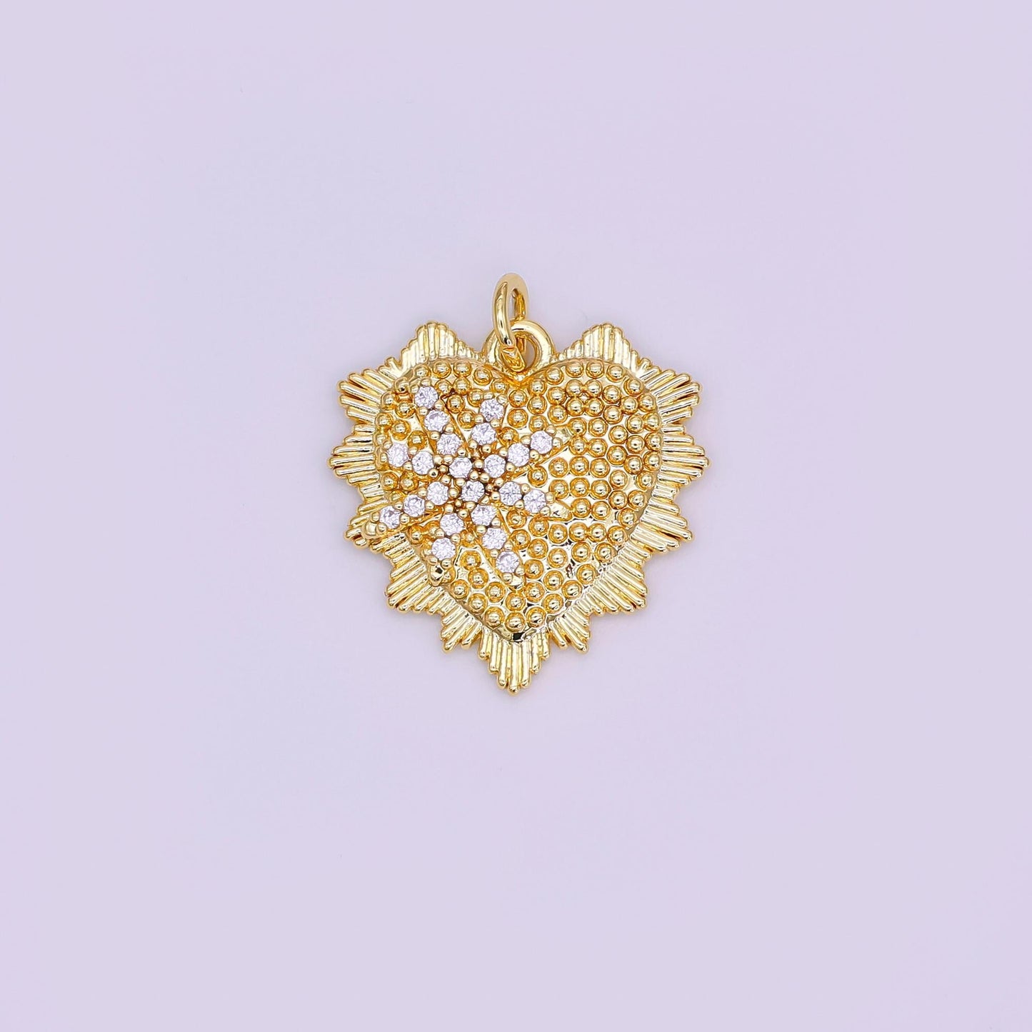 24K Gold Filled 20mm Star Micro Paved CZ Dotted Sunburst Heart Charm | AF459