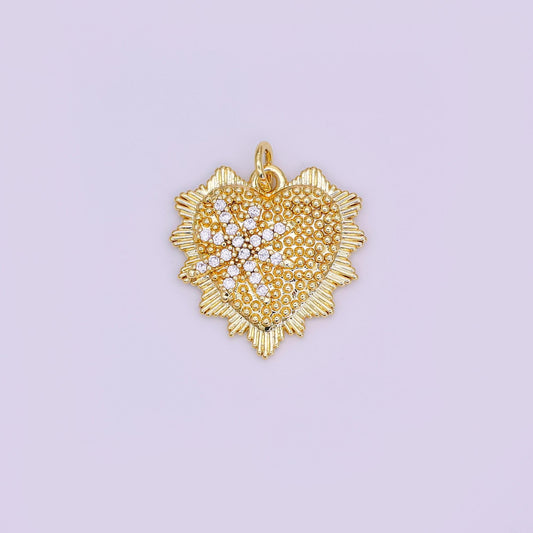 24K Gold Filled 20mm Star Micro Paved CZ Dotted Sunburst Heart Charm | AF459