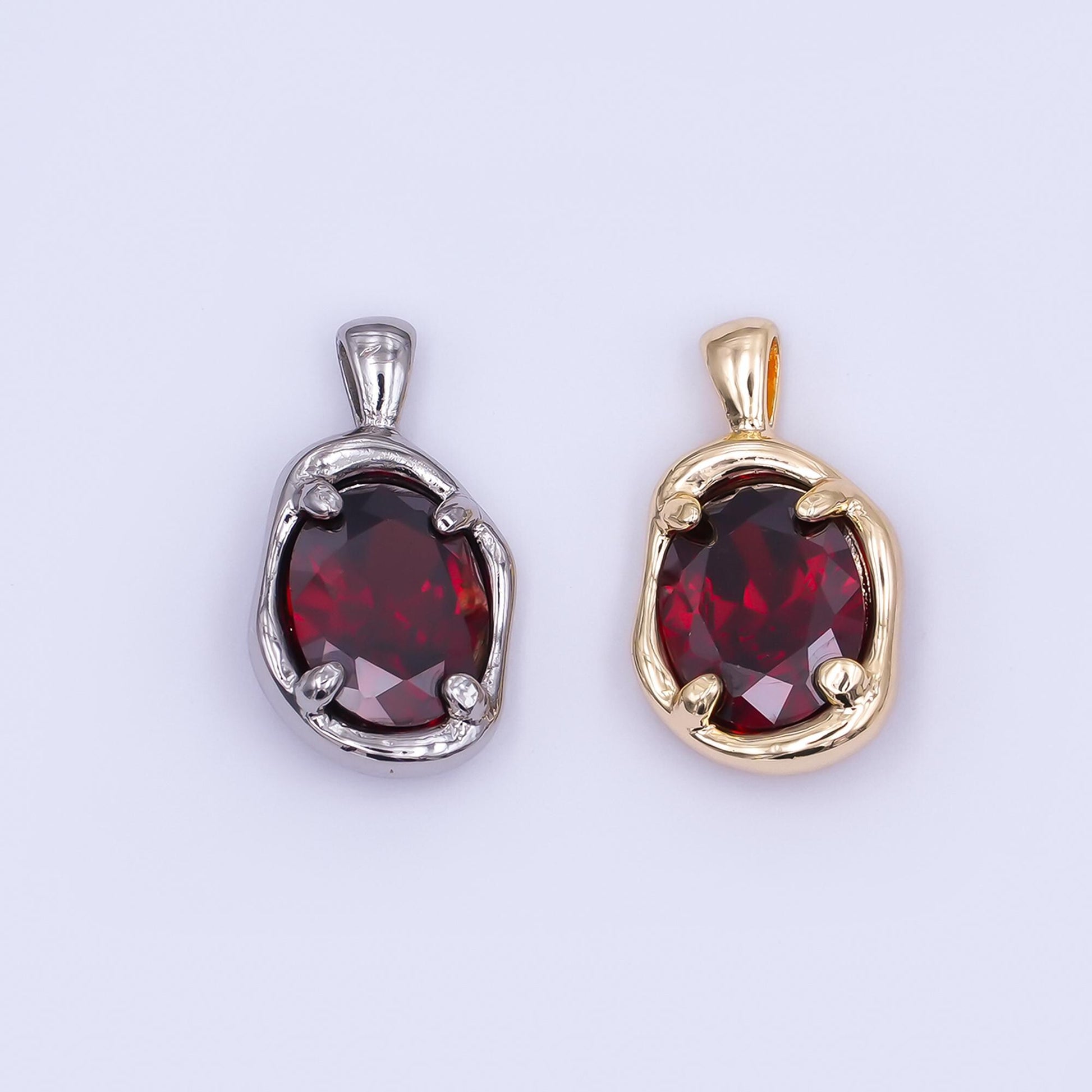 24K Gold Filled Dark Red CZ Molten Bezel Pendant in Gold & Silver | AH456