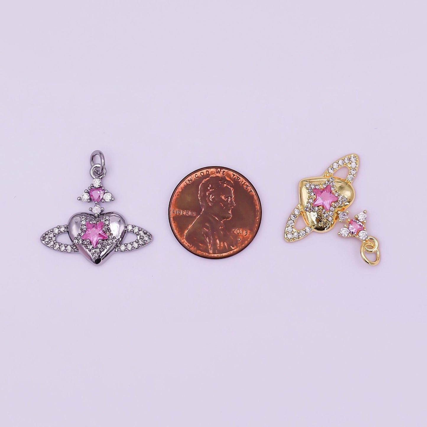24K Gold Filled Pink, Clear CZ Celestial Heart Charm in Gold & Silver | AF471