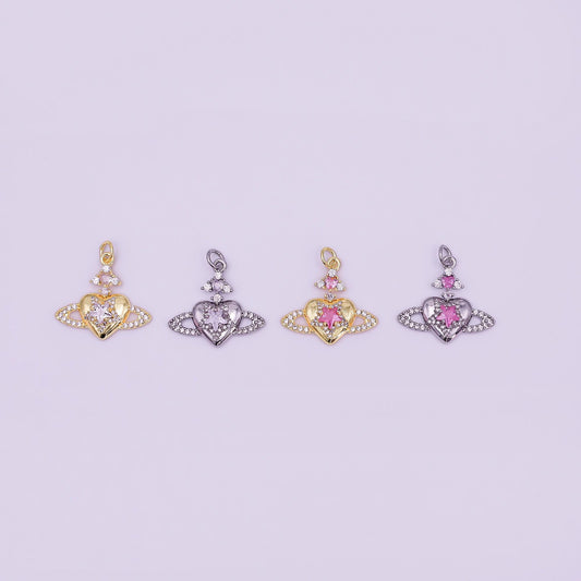24K Gold Filled Pink, Clear CZ Celestial Heart Charm in Gold & Silver | AF471