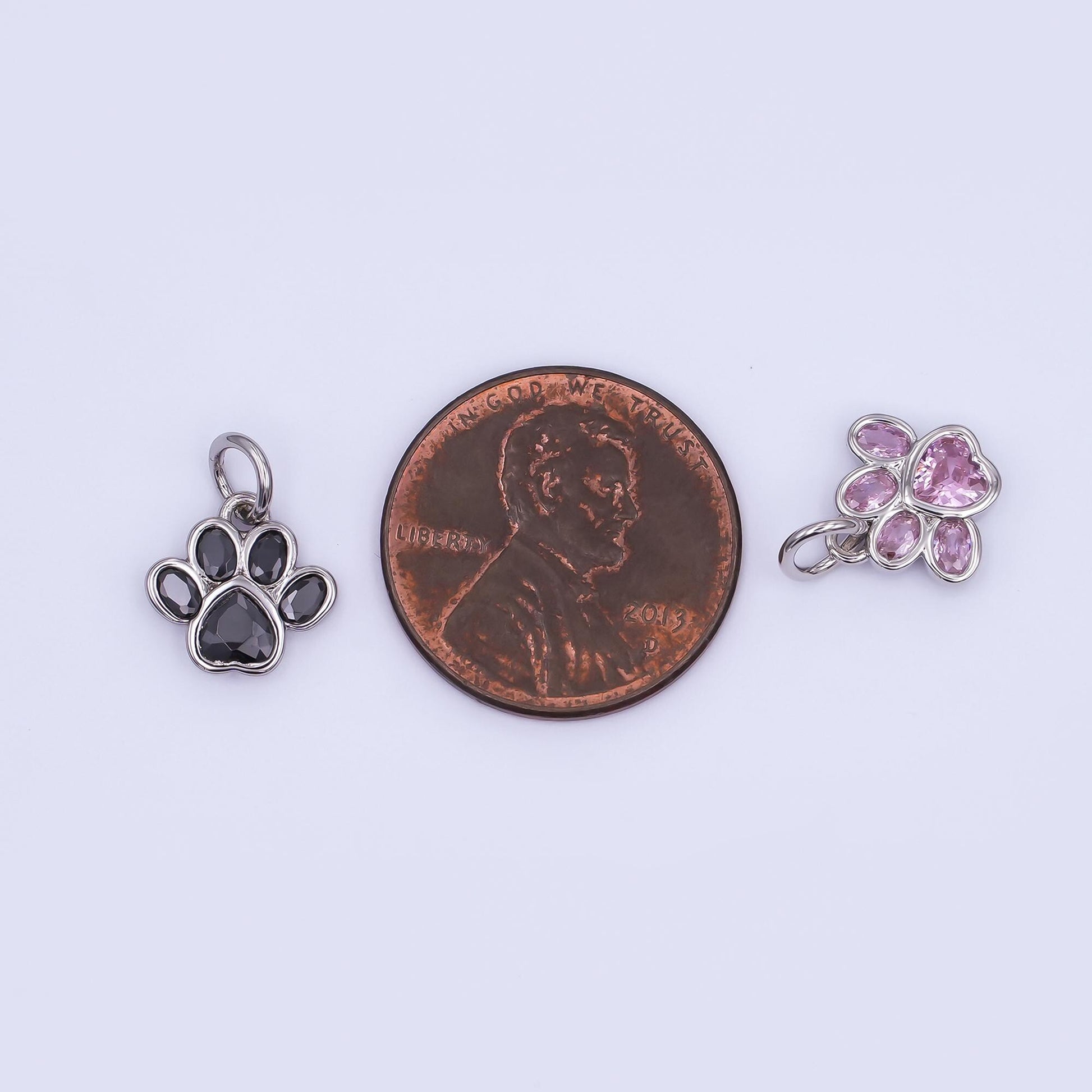 24K Gold Filled Black, Clear, Pink CZ Paw Print Charm in Gold & Silver | AF454 - AF456