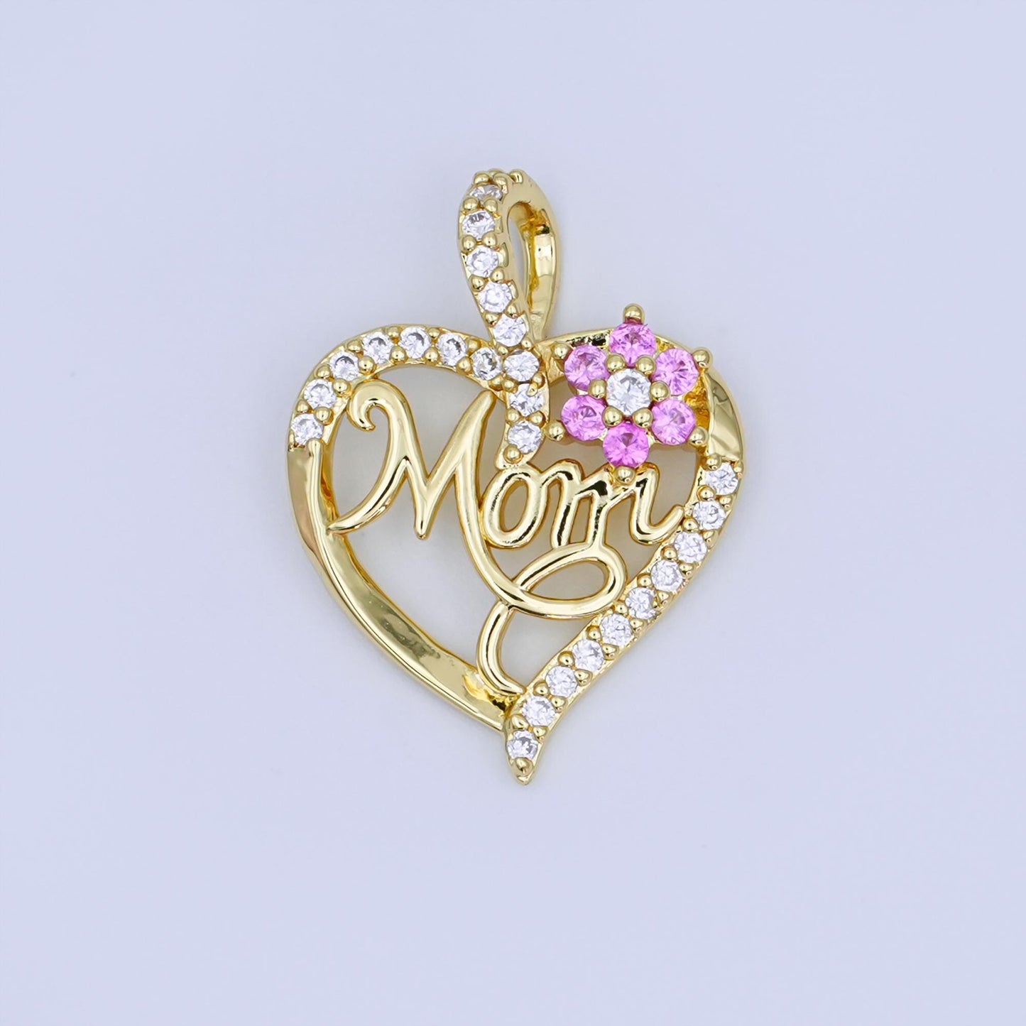 24K Gold Filled Micro Paved CZ "MOM" Cursive Flower Heart Open Pendant | AH430