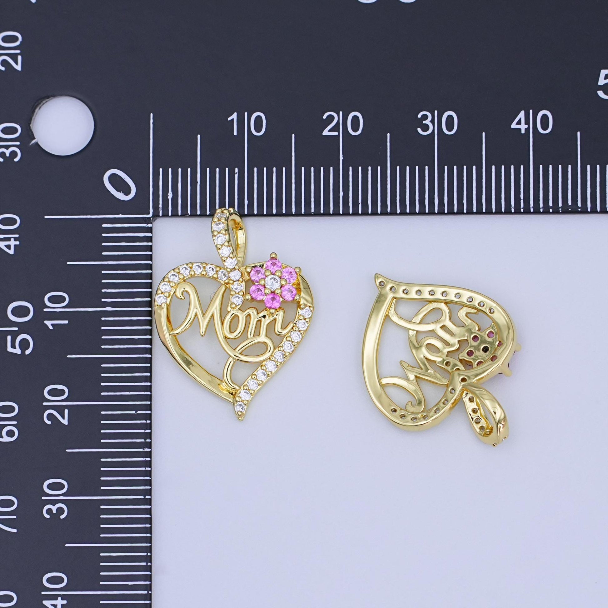 24K Gold Filled Micro Paved CZ "MOM" Cursive Flower Heart Open Pendant | AH430