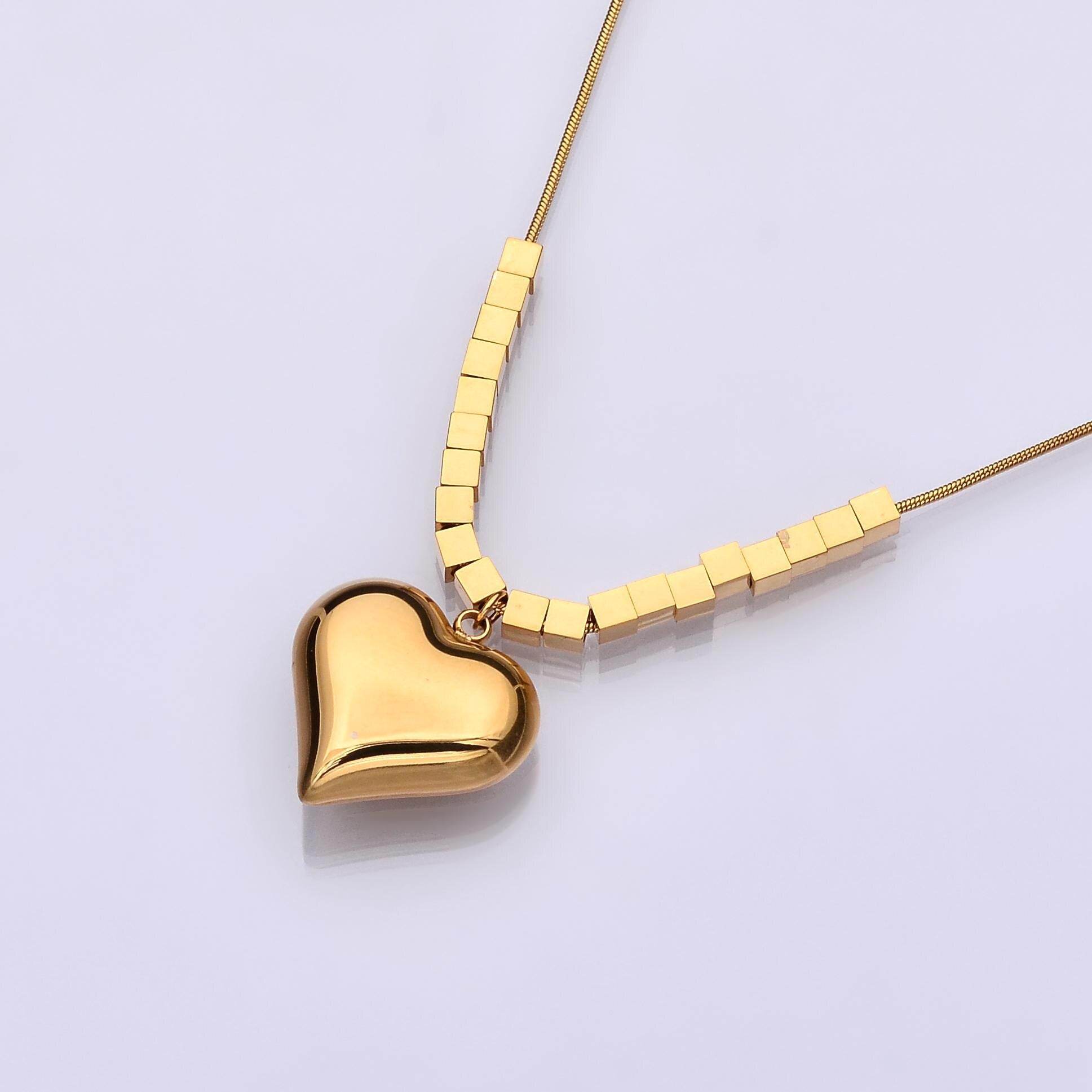 Stainless Steel Heart Bead Snake Chain 16.5 Inch Necklace | WA-3172