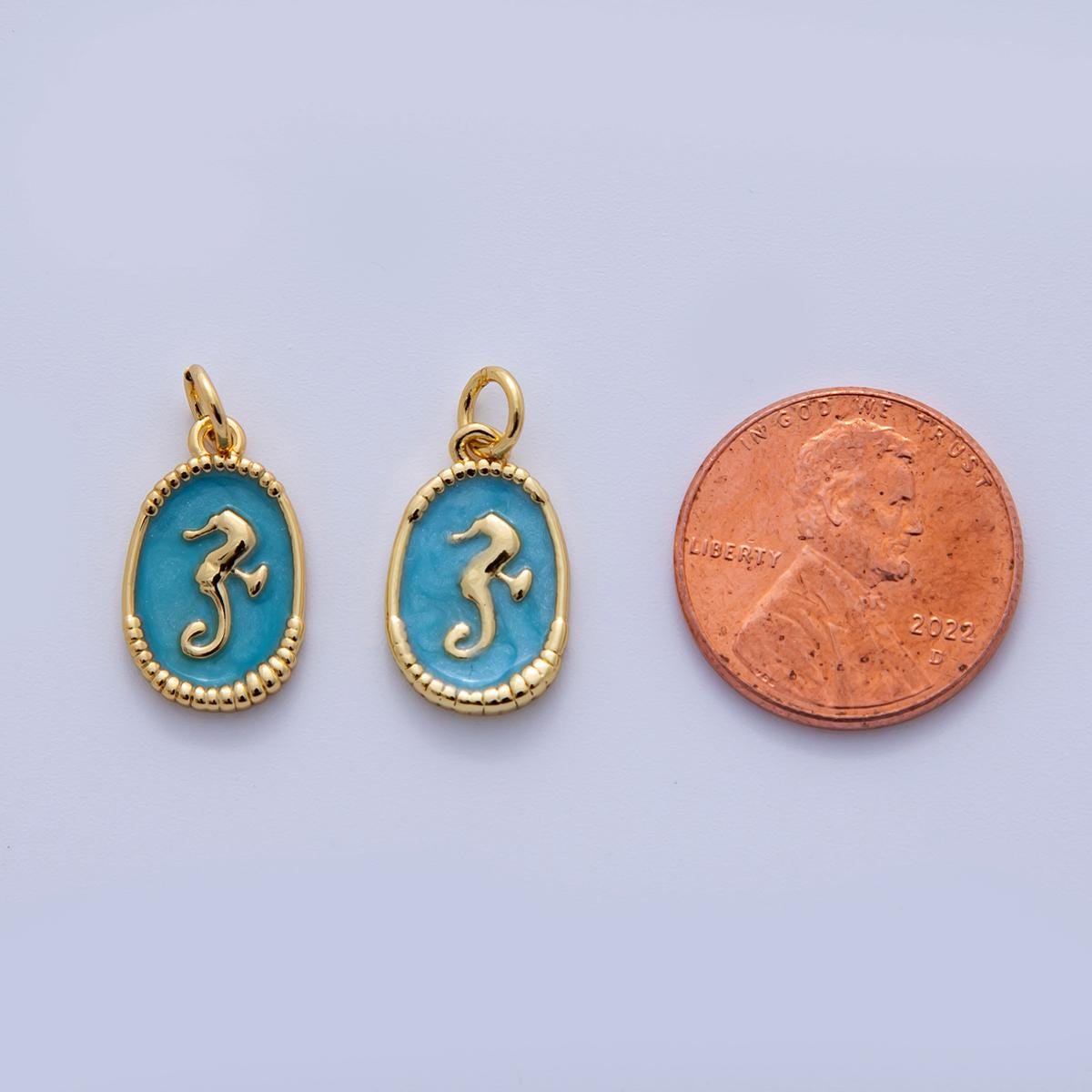 18K Gold Filled Sea Horse Blue Enamel Oblong Charm | AF309