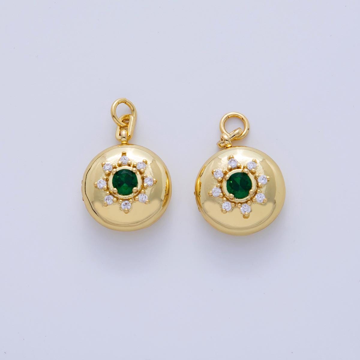 18K Gold Filled Green CZ Celestial Sun Round Locket Charm | AF312