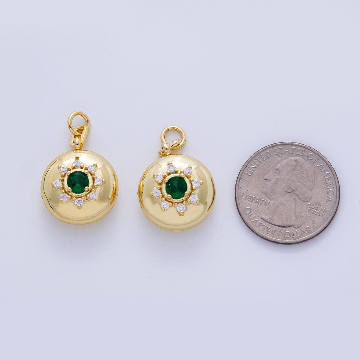 18K Gold Filled Green CZ Celestial Sun Round Locket Charm | AF312