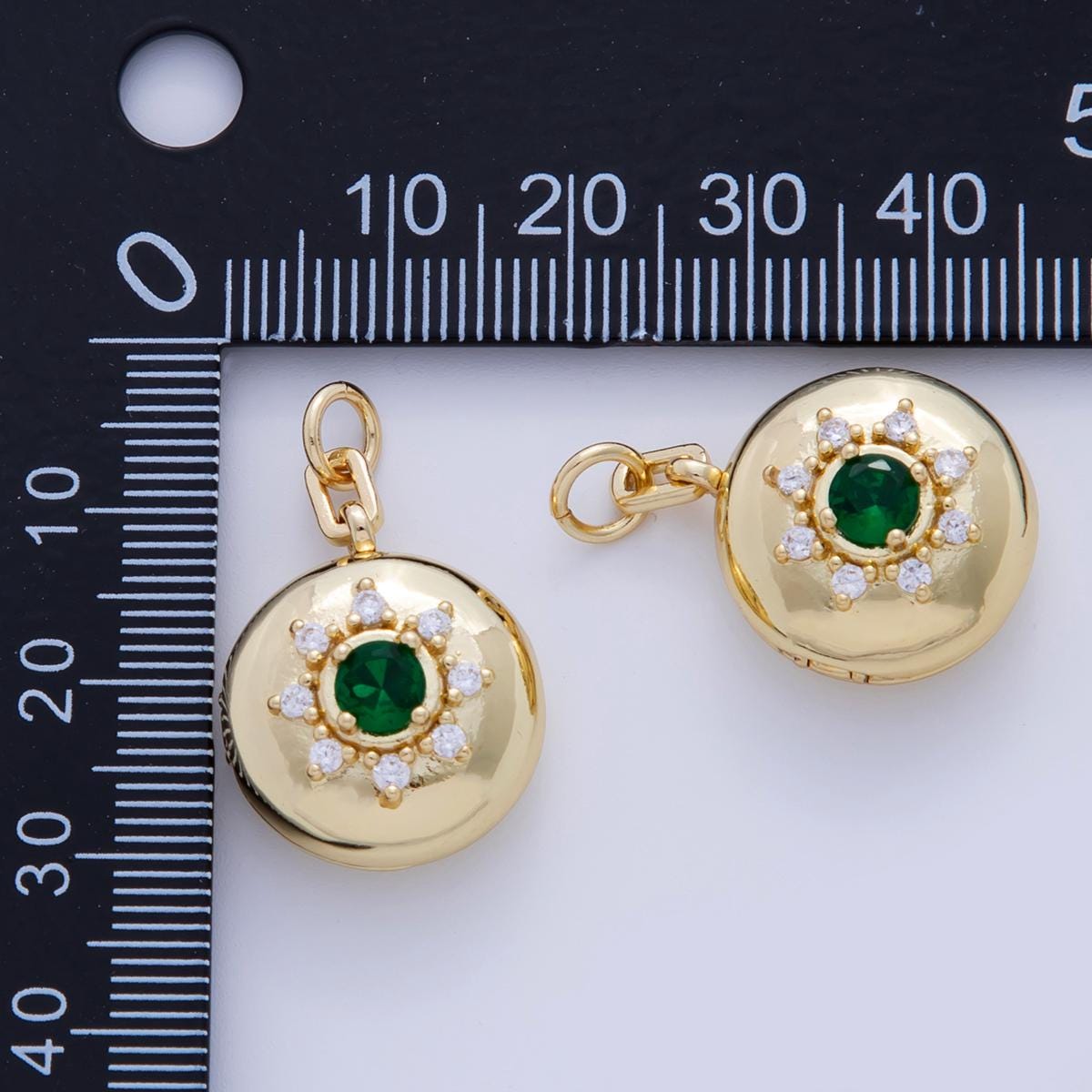 18K Gold Filled Green CZ Celestial Sun Round Locket Charm | AF312