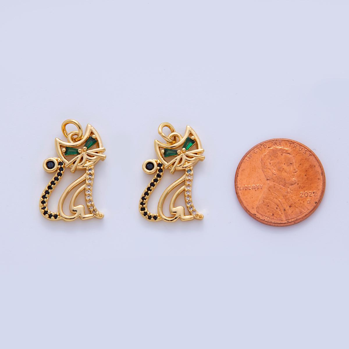 18K Gold Filled Green CZ Micro Paved Cat Kitten Pet Open Charm | AF313