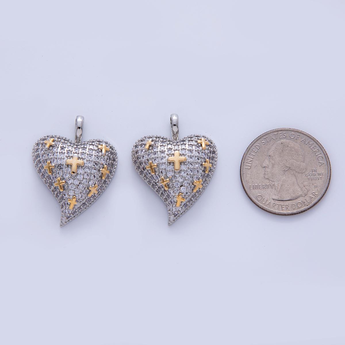 Mixed Metal Micro Paved CZ Cross Heart Chubby Pendant | AH718