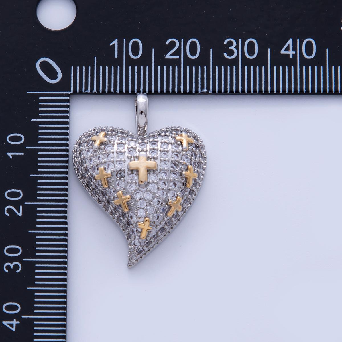 Mixed Metal Micro Paved CZ Cross Heart Chubby Pendant | AH718