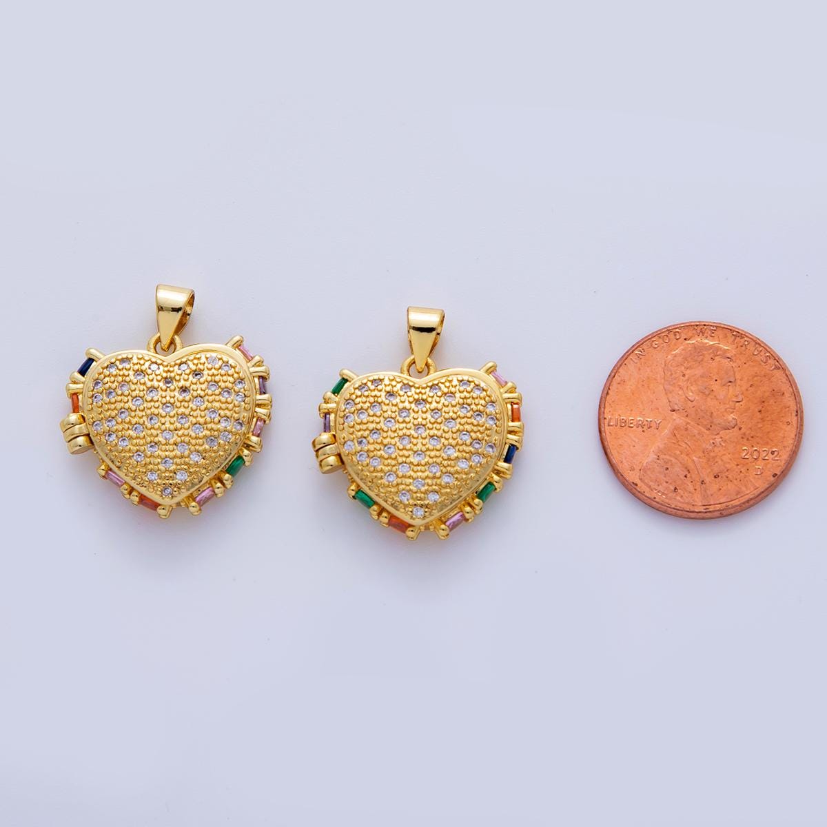 18K Gold Filled Baguette Multicolor Micro Paved CZ Heart Locket Pendant | AH719