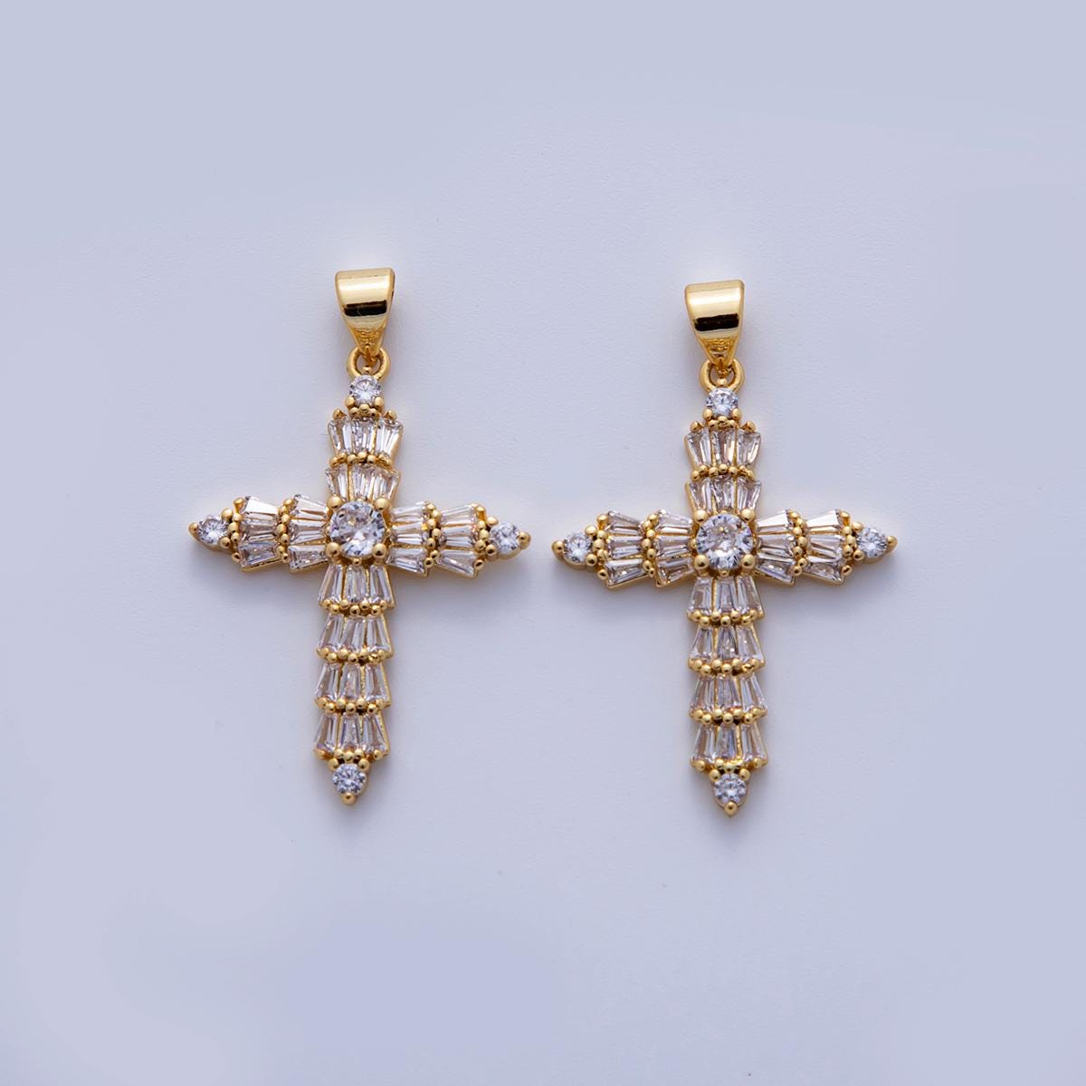 24K Gold Filled Baguette CZ Religious Cross Pendant | AH723