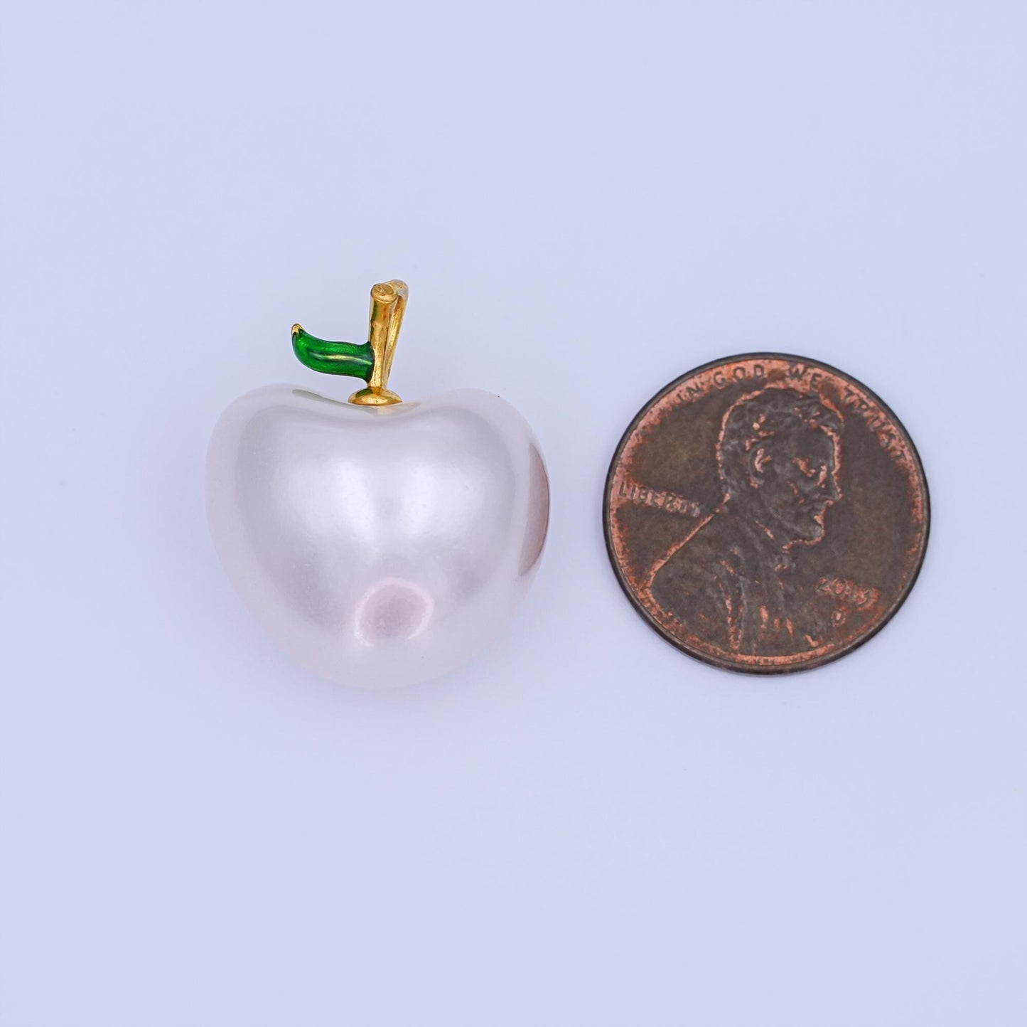 White Apple Pearl Charm with Green Leaf and Gold Filled Bail Kawaii Fruit Pendant for Necklace Bracelet Jewelry Making Supplies AH428