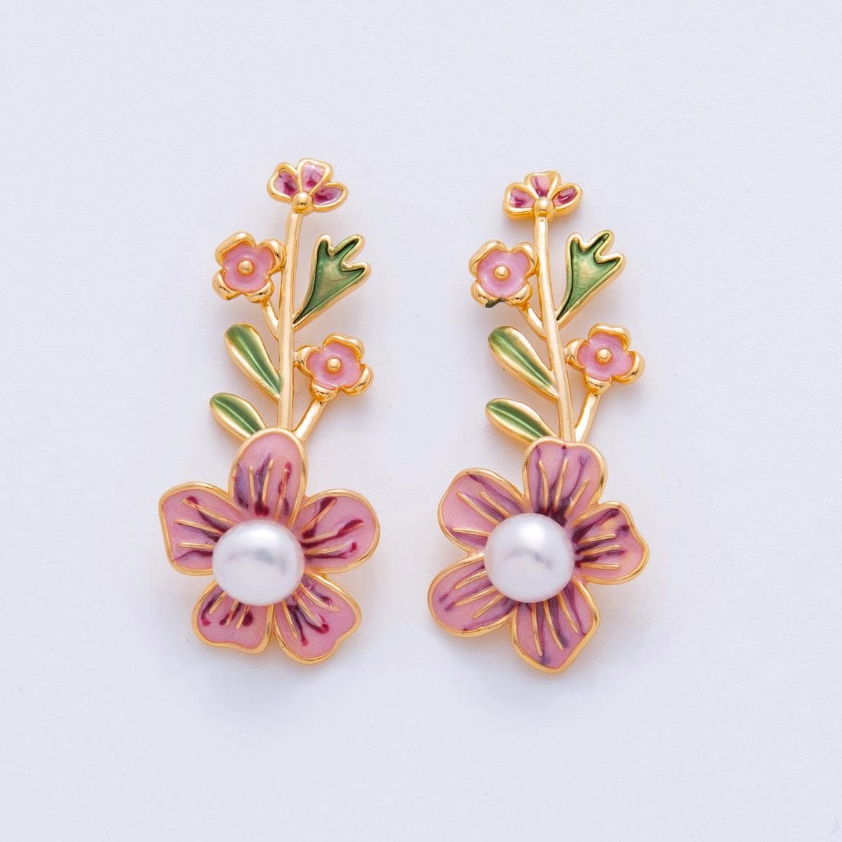 18K Gold Filled Shell Pearl Pink Flower Plant Enamel Pendant | AH713