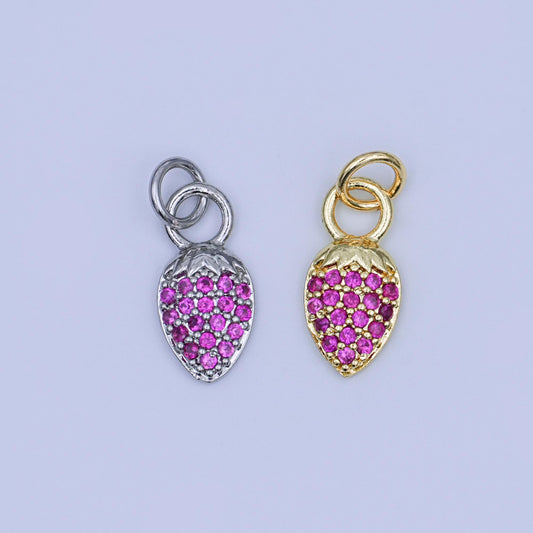 24K Gold Filled Pink Micro Paved CZ Strawberry Mini Charm in Gold & Silver | W638