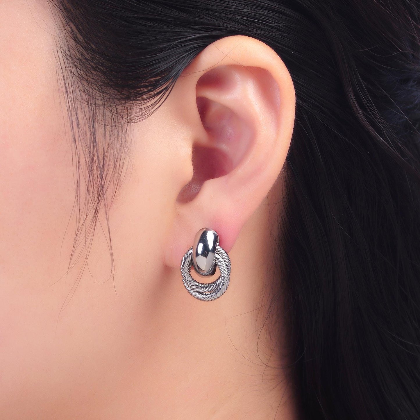 24K Gold Filled Circular Croissant Knot Doorknocker Drop Stud Earrings in Silver | AB744