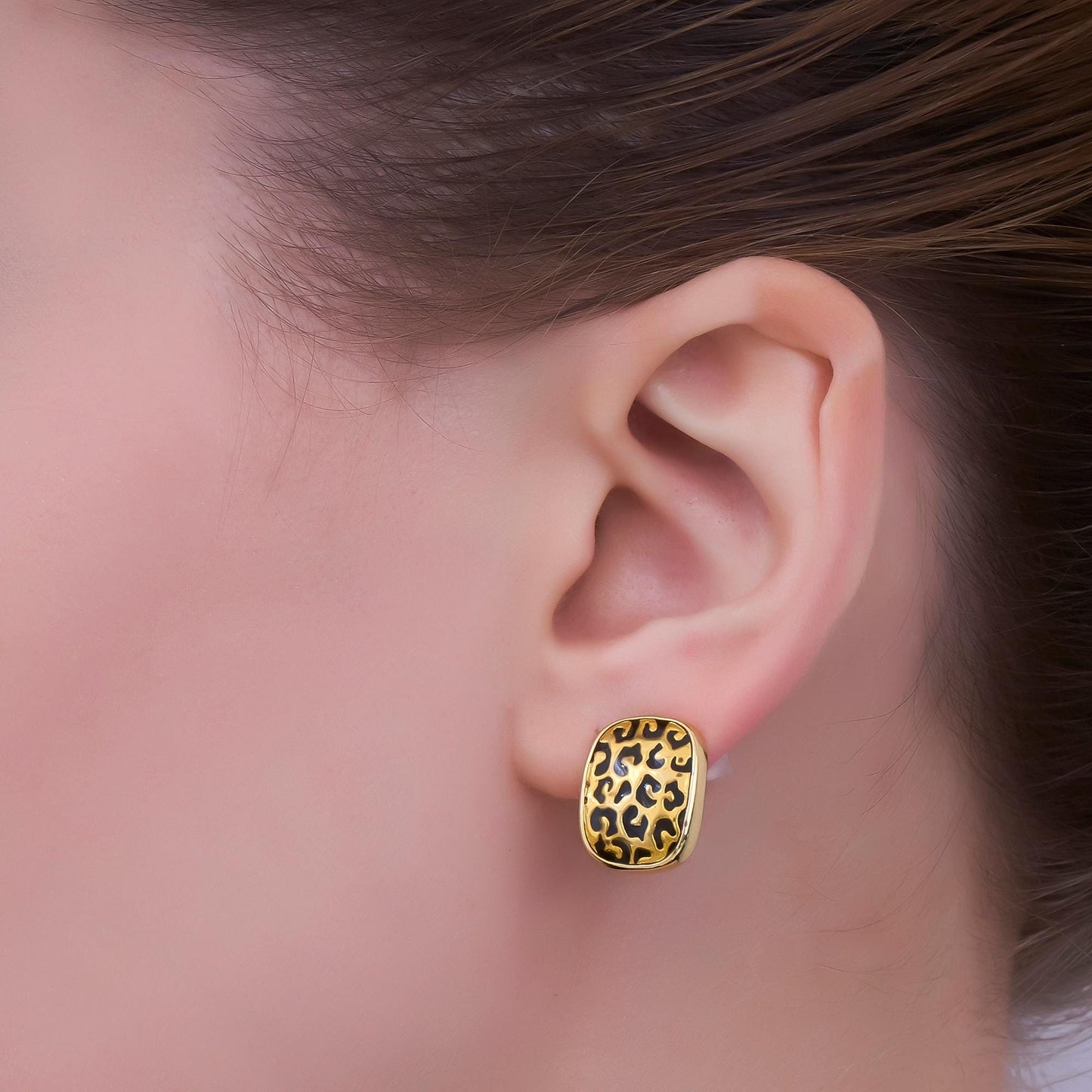 24K Gold Filled Cheetah Print Rectangular Oblong Stud Earrings | AB781