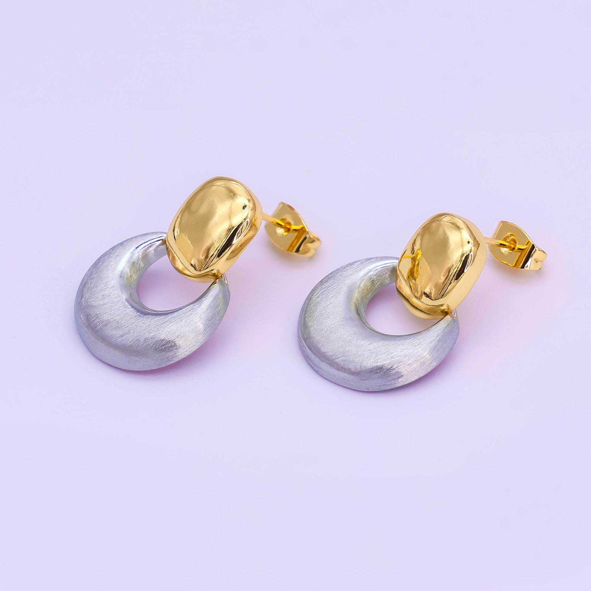 24K Gold Filled Mixed Metal Chubby Door Knocker Drop Stud Earrings | AB885