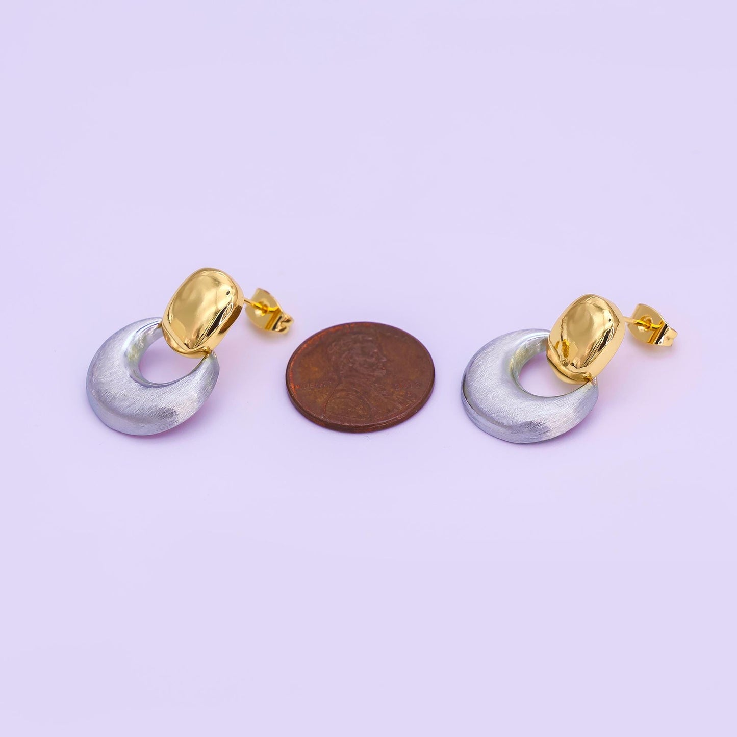 24K Gold Filled Mixed Metal Chubby Door Knocker Drop Stud Earrings | AB885