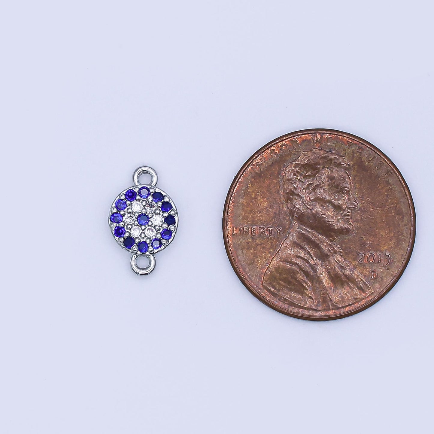 Rhodium Plated Blue Micro Paved CZ Evil Eye 7mm Round Mini Connector | Y029
