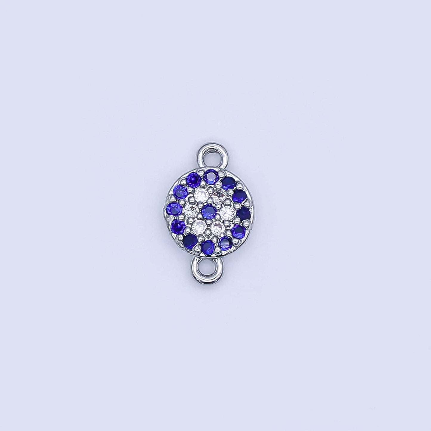 Rhodium Plated Blue Micro Paved CZ Evil Eye 7mm Round Mini Connector | Y029
