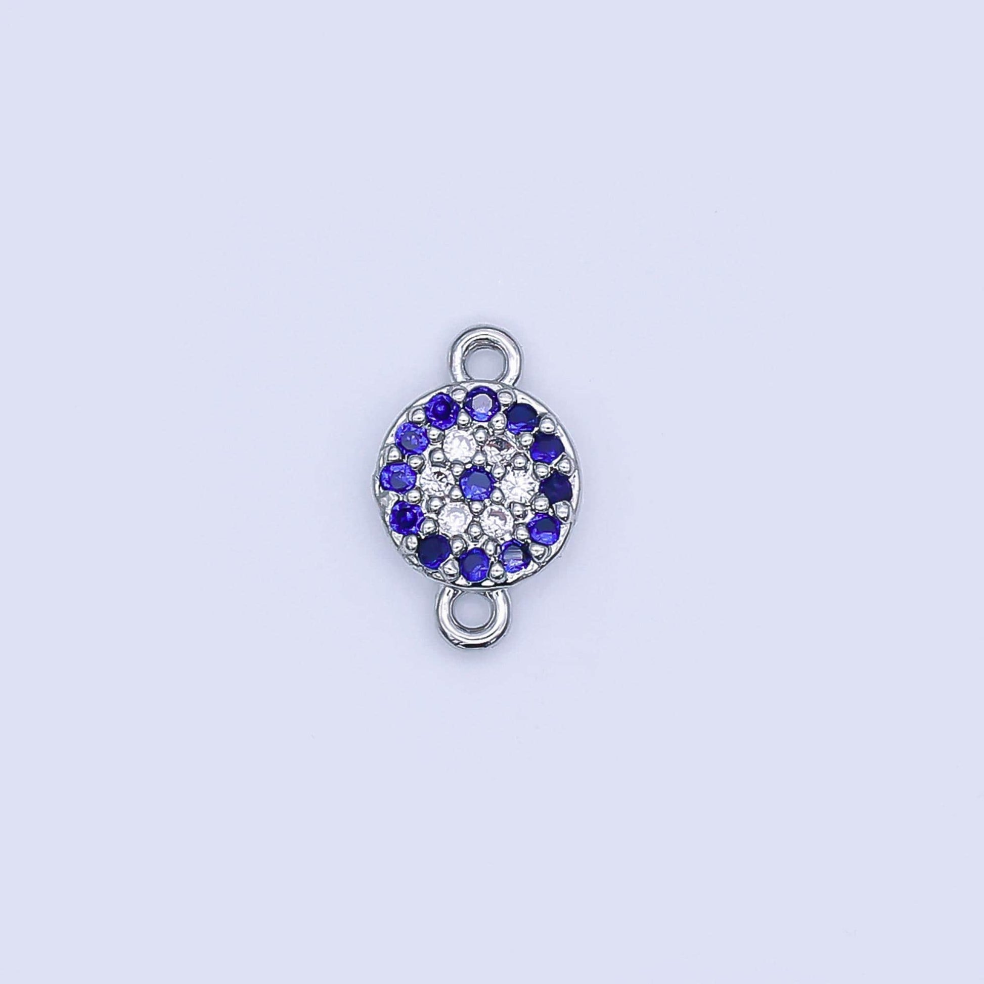 Rhodium Plated Blue Micro Paved CZ Evil Eye 7mm Round Mini Connector | Y029