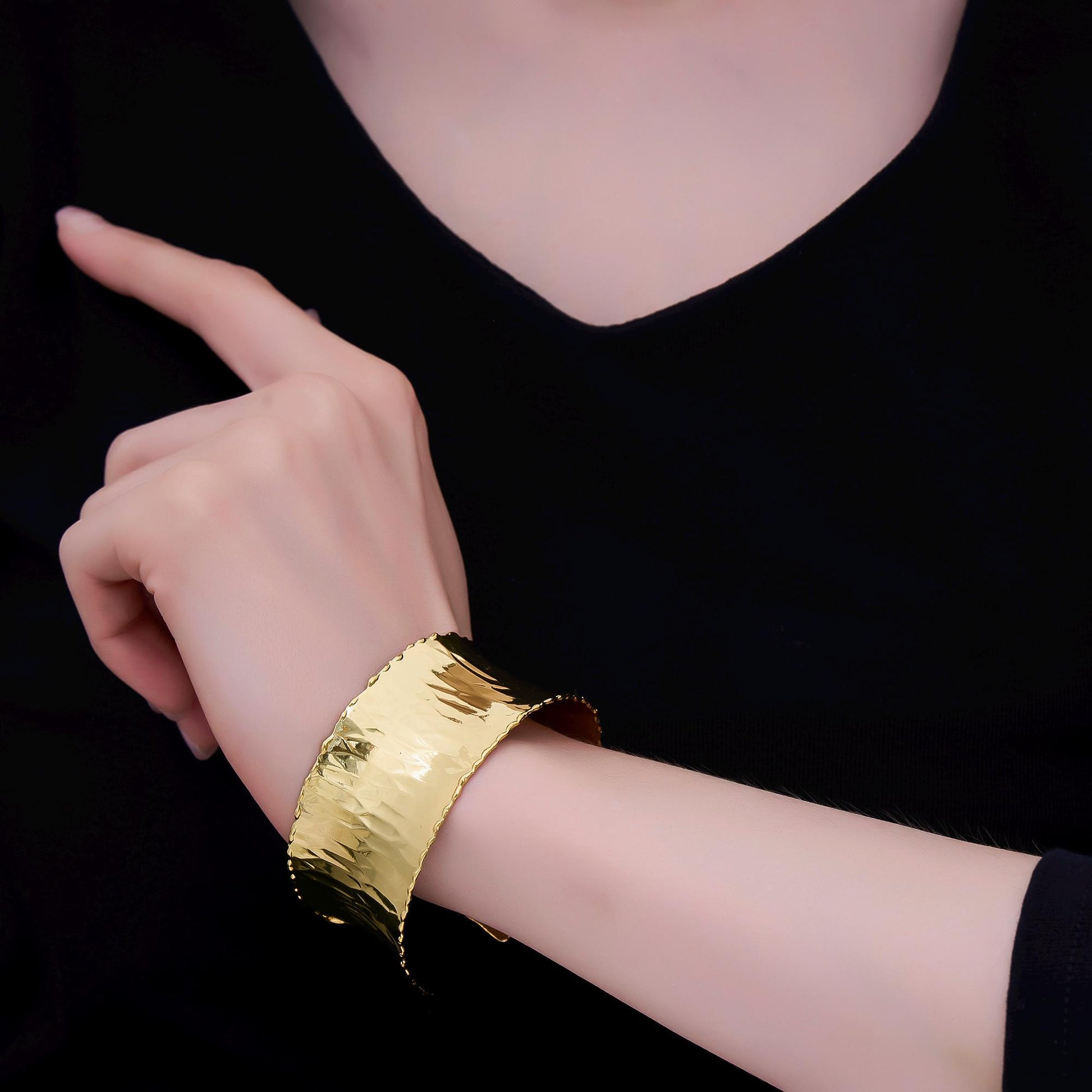Chunky 24K Gold Filled Wide Hexagonal Hammered Foil Geometric Cuff Bracelet | WA-3236