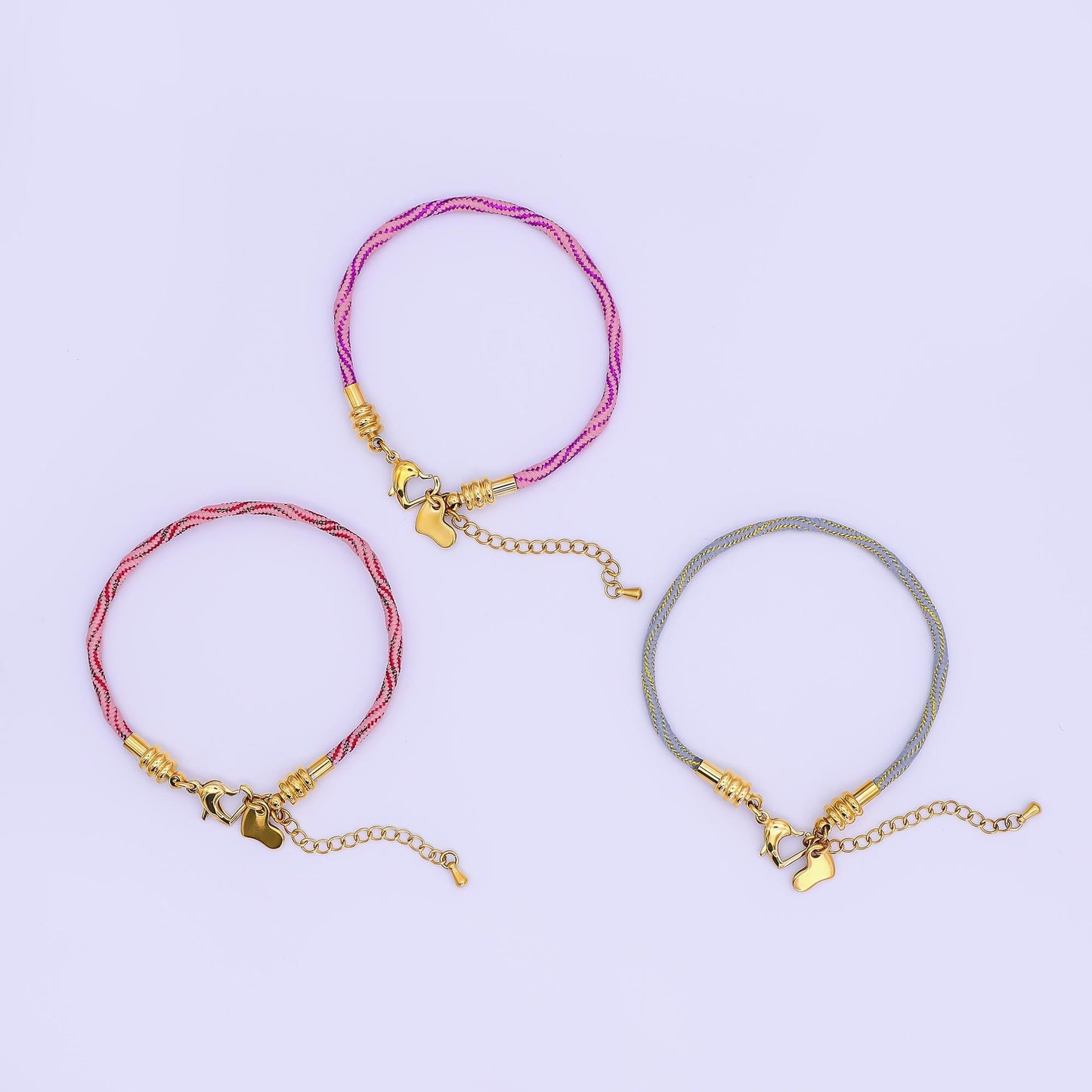 Stainless Steel 3mm Pink, Fuchsia, Grey Multicolor Woven Cord Bracelet | WA-3161 ~ WA-3163