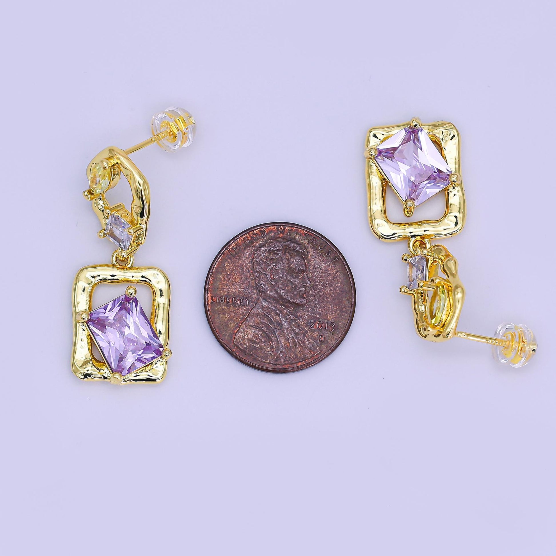 24K Gold Filled Yellow Purple Baguette Molten Geometric Drop Stud Earrings | AI441
