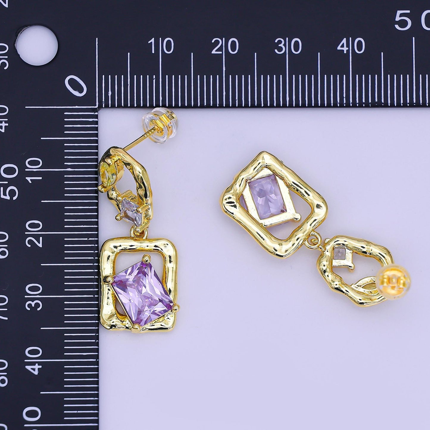 24K Gold Filled Yellow Purple Baguette Molten Geometric Drop Stud Earrings | AI441