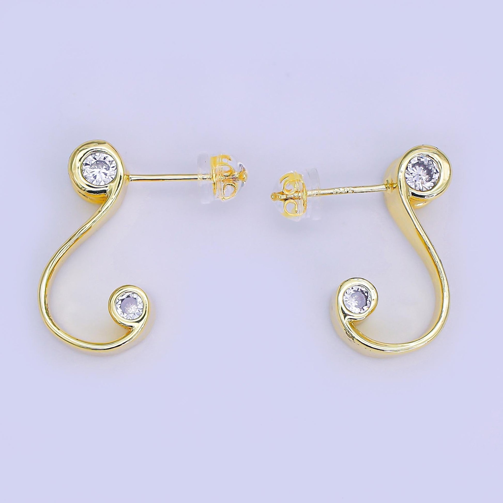 24K Gold Filled Clear CZ S-Curve Stud Earrings | AI439